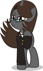 Size: 4565x7424 | Tagged: safe, artist:mrvector, oc, oc:sonata, pony, unicorn, elements of justice, turnabout storm, clothes, female, glasses, looking at you, mare, simple background, solo, suit, transparent background, vector
