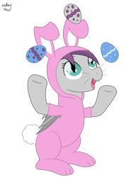 Size: 2500x3515 | Tagged: safe, artist:mihay, oc, oc only, oc:ebony rain, bat pony, pony, animal costume, bat pony oc, bunny costume, clothes, commission, costume, easter, easter bunny, easter egg, female, fluffy tail, high res, holiday, simple background, slit pupils, smiling, solo, tail, transparent background, ych result