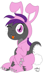 Size: 1632x2650 | Tagged: safe, artist:mihay, oc, oc only, oc:fritzy, dracony, dragon, hybrid, pony, ;p, animal costume, bunny costume, bunny ears, claws, clothes, costume, easter, female, fluffy tail, holiday, looking at you, one eye closed, simple background, solo, tail, tongue out, torn clothes, transparent background, whiskers, wink, winking at you