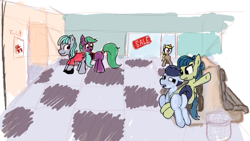 Size: 523x295 | Tagged: safe, artist:rusticanon, rumble, oc, earth pony, pegasus, pony, g4, 4chan, bench, butt, humilliation, mall, over the knee, plot, sale, spanking, trash can