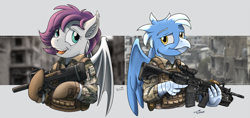 Size: 3674x1735 | Tagged: safe, artist:buckweiser, oc, oc only, oc:ebony rain, oc:frost wing, assault rifle, body armor, clothes, commission, couple, female, gun, m4, male, military, military uniform, p90, rifle, soldier, soldier pony, submachinegun, uniform, weapon, ych result