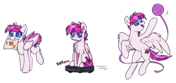 Size: 5080x2389 | Tagged: safe, artist:greenmaneheart, oc, oc only, pegasus, pony, chest fluff, female, mare, mouth hold, ponies riding roombas, roomba, sign, simple background, solo, transparent background, yarn, yarn ball