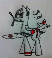 Size: 1728x1936 | Tagged: artist needed, safe, oc, oc only, original species, plane pony, a6m zero, a6m2 zero, butt, cute, female, gray eyes, japanese, looking at you, mare, marker drawing, ocbetes, plane, plot, propeller, roundel, smiling, solo, spread wings, text, traditional art, walking, wings