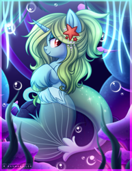 Size: 1257x1627 | Tagged: safe, artist:kannakiller, oc, oc only, hybrid, mermaid, merpony, pony, seapony (g4), starfish, unicorn, blushing, bubble, commission, corals, cute, digital art, female, fish tail, flowing tail, full body, glowing, hooves, horn, looking at you, mare, mermaid tail, neon, ocean, pearl, seaponified, seaquestria, seaweed, shine, smiling, solo, species swap, swimming, tail, underwater, unshorn fetlocks, water, ych result