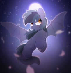 Size: 3512x3592 | Tagged: safe, artist:mochi_nation, oc, oc only, oc:scrimmy, bat pony, pony, bat pony oc, commission, eye clipping through hair, full moon, heterochromia, high res, male, moon, night, solo, spread wings, stallion, wings