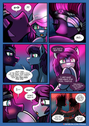 Size: 2480x3508 | Tagged: safe, artist:dsana, tempest shadow, oc, oc:thistledown, earth pony, pony, unicorn, comic:a storm's lullaby, g4, bandage, blushing, broken horn, confession, dialogue, drinking, eyepatch, female, high res, horn, interrupted, lesbian, open mouth, potion, romance, romantic, silhouette