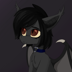 Size: 1600x1600 | Tagged: safe, artist:tanadormi, oc, oc only, oc:banochka, bat pony, pony, bat pony oc, bat wings, black hair, cat eyes, chest fluff, choker, collar, ear fluff, looking up, simple background, slit pupils, solo, wings