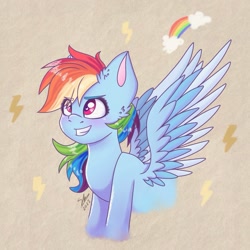 Size: 1207x1207 | Tagged: safe, artist:galaxy swirl, rainbow dash, pegasus, pony, g4, colored wings, eye clipping through hair, eyebrows, eyebrows visible through hair, female, grin, mare, smiling, solo, spread wings, two toned wings, wings