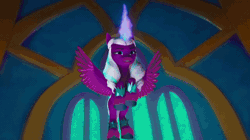 Size: 720x404 | Tagged: safe, screencap, misty brightdawn, opaline arcana, alicorn, pony, unicorn, g5, have you seen this dragon?, my little pony: make your mark, my little pony: make your mark chapter 2, spoiler:g5, spoiler:my little pony: make your mark, spoiler:my little pony: make your mark chapter 2, spoiler:mymc02e08, absurd file size, absurd gif size, animated, duo, duo female, evil laugh, eyes closed, female, fire, gif, glowing, glowing wings, laughing, mare, power, scared, spread wings, wings, yes, youtube link