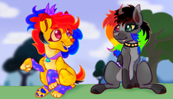 Size: 1115x643 | Tagged: safe, artist:thatonefluffs, oc, oc:babybelle, oc:cringecore, alicorn, classical unicorn, earth pony, hybrid, original species, pony, unicorn, pony town, bear pony, chest fluff, chew toy, clothes, cloven hooves, clowncore, collar, colorful, duo, ear fluff, emo, eyeshadow, fangs, horn, kidcore, leonine tail, makeup, paw pads, paws, scene, scenecore, sharp horn, socks, spiked collar, stim toy, unshorn fetlocks