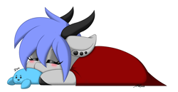 Size: 1812x937 | Tagged: safe, artist:melodytheartpony, oc, oc:melody silver, dracony, dragon, hybrid, pony, seal, blanket, blushing, cute, eyes closed, female, horns, lying down, onomatopoeia, piercing, plushie, prone, signature, simple background, sleeping, solo, sound effects, white background, zzz