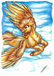 Size: 2457x3424 | Tagged: safe, artist:lupiarts, spitfire, pegasus, pony, g4, cloud, drawing, female, flying, high res, markers, simple background, sky, solo, spread wings, traditional art, wings