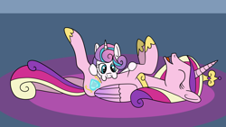 Size: 1920x1080 | Tagged: safe, artist:platinumdrop, princess cadance, princess flurry heart, alicorn, pony, g4, eyes closed, female, filly, foal, horn, laughing, mare, mother and child, mother and daughter, raspberry, request, tickling, ticklish tummy, tummy buzz