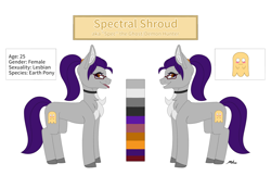 Size: 3000x1948 | Tagged: safe, artist:melodytheartpony, oc, oc:spectral shroud, earth pony, ghost, undead, chest fluff, choker, female, feral, ghost hunter, glasses, lesbian, ponytail, reference sheet, signature, simple background, white background