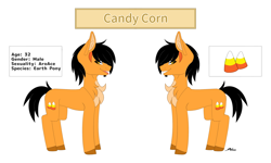 Size: 3000x1799 | Tagged: safe, artist:melodytheartpony, oc, oc:candy corn, earth pony, pony, aroace, candy, candy corn, chest fluff, colored belly, facial hair, food, male, pale belly, reference sheet, signature, simple background, slender, smiling, solo, thin, white background