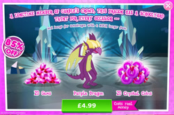 Size: 1953x1300 | Tagged: safe, gameloft, spear (g4), dragon, g4, my little pony: magic princess, advertisement, background dragon, claws, costs real money, covered eyes, english, gem, introduction card, male, numbers, partially open wings, purple dragon, sale, solo, tail, teenaged dragon, text, wings