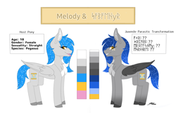 Size: 3000x1934 | Tagged: safe, artist:melodytheartpony, oc, oc:melody silver, oc:parasite, pegasus, pony, female, horizontal pupils, hourglass, intersex, markings, mid-transformation, parasite, reference sheet, signature, simple background, smiling, solo, stars, white background