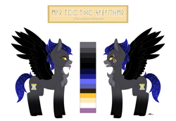 Size: 3000x2067 | Tagged: safe, artist:melodytheartpony, oc, oc only, oc:parasite, pegasus, pony, broken english, high res, horizontal pupils, hourglass, intersex, markings, parasite, reference sheet, signature, simple background, solo, stars, transformed, white background