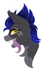 Size: 1524x2500 | Tagged: safe, artist:melodytheartpony, oc, oc:melody silver, oc:parasite, pegasus, pony, bust, horizontal pupils, long tongue, looking at you, markings, parasite, pointy teeth, sharp teeth, signature, simple background, solo, stars, teeth, tongue out, transformed, white background
