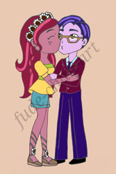 Size: 1280x1919 | Tagged: safe, artist:fude-chan-art, clayton potter, gloriosa daisy, larry cooper, equestria girls, claisy, female, glasses, kissing, male, shipping, straight