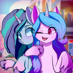 Size: 3000x3000 | Tagged: safe, artist:alexsc112, izzy moonbow, misty brightdawn, pony, unicorn, g5, my little pony: make your mark, my little pony: make your mark chapter 2, spoiler:g5, duo, eye clipping through hair, female, freckles, high res, hug, lesbian, mare, one eye closed, open mouth, open smile, ship:mizzy, shipping, smiling, unshorn fetlocks