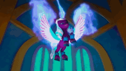 Size: 1920x1080 | Tagged: safe, screencap, misty brightdawn, opaline arcana, alicorn, pony, unicorn, g5, have you seen this dragon?, my little pony: make your mark, my little pony: make your mark chapter 2, spoiler:g5, spoiler:my little pony: make your mark, spoiler:my little pony: make your mark chapter 2, spoiler:mymc02e08, animated, evil laugh, female, fire, glowing, glowing wings, laughing, magic, mare, pouting, power, sound, webm, wings, yes