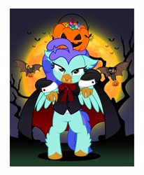 Size: 1685x2048 | Tagged: safe, artist:jhayarr23, oc, oc only, oc:sea lilly, bat, classical hippogriff, hippogriff, :p, bipedal, candy, cape, clothes, commission, costume, fangs, food, halloween, halloween costume, holiday, moon, pumpkin bucket, tongue out, tree, vampire costume, ych result