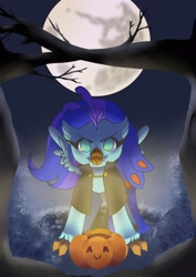 Size: 1448x2048 | Tagged: safe, artist:snowflake_pone, oc, oc only, oc:sea lilly, classical hippogriff, hippogriff, vampire, >:3, clothes, commission, costume, fangs, fog, halloween, halloween costume, holiday, moon, pumpkin bucket, tree, ych result
