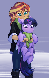 Size: 1726x2732 | Tagged: safe, artist:blue ink, sunset shimmer, twilight sparkle, alicorn, human, pony, equestria girls, g4, belly, clothes, cute, duo, duo female, ears back, featured image, female, high res, holding a pony, looking at someone, looking down, mare, scarf, shimmerbetes, size difference, snow, twiabetes, twilight sparkle (alicorn), underhoof