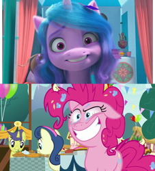 Size: 794x875 | Tagged: safe, edit, edited screencap, screencap, bon bon, comet tail, izzy moonbow, pinkie pie, sweetie drops, earth pony, pony, unicorn, g4, g5, izzy does it, my little pony: make your mark, my little pony: make your mark chapter 2, secrets and pies, spoiler:g5, spoiler:my little pony: make your mark, spoiler:my little pony: make your mark chapter 2, spoiler:mymc02e01, balloon, bloodshot eyes, crazy face, crazy smile, crying, faic, flag, izzy is best facemaker, pinkie pie is best facemaker, smiling, table, tree