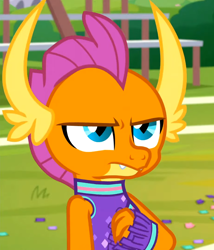 Size: 768x896 | Tagged: safe, screencap, smolder, dragon, 2 4 6 greaaat, g4, cheerleader, cheerleader outfit, cheerleader smolder, clothes, cropped, dragoness, female, smolder is not amused, solo, unamused