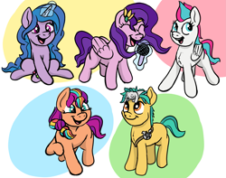 Size: 3187x2507 | Tagged: safe, artist:doodledonutart, hitch trailblazer, izzy moonbow, pipp petals, sunny starscout, zipp storm, earth pony, pegasus, pony, rabbit, unicorn, g5, animal, braided ponytail, cute, eyes closed, female, glowing, glowing horn, happy, headband, high res, horn, magic, male, mane five, mare, microphone, open mouth, open smile, sheriff's badge, simple background, singing, smiling, stallion, telekinesis