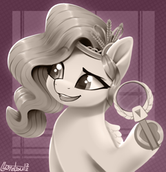 Size: 1494x1552 | Tagged: safe, artist:llametsul, pipp petals, pegasus, pony, g5, hoof done it?, my little pony: make your mark, my little pony: make your mark chapter 2, spoiler:g5, female, magnifying glass, mare, monochrome, raised eyebrow, scene interpretation, signature, solo