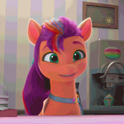 Size: 640x640 | Tagged: safe, edit, screencap, sunny starscout, earth pony, pony, g5, izzy does it, my little pony: make your mark, my little pony: make your mark chapter 2, spoiler:my little pony: make your mark chapter 2, spoiler:mymc02e01, animated, curious, cute, ear flick, female, gif, i watch it for the ears, looking away, mane stripe sunny, mare, smoothie stand, solo, sunny's smoothie stand, sunnybetes, talking