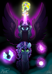 Size: 1447x2046 | Tagged: safe, artist:julunis14, misty brightdawn, opaline arcana, alicorn, pony, unicorn, g5, my little pony: make your mark, spoiler:g5, spoiler:my little pony: make your mark, crystal, earth pony crystal, flower, glowing, glowing eyes, green eyes, ocean lily, pegasus crystal, unicorn crystal