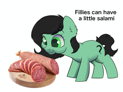 Size: 4000x3000 | Tagged: safe, artist:dumbwoofer, oc, oc only, oc:filly anon, earth pony, pony, cheek bulge, ear fluff, earth pony oc, eating, female, filly, food, full mouth, meat, meme, ponies eating meat, pudgy, salami, simple background, solo, text, white background