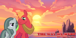 Size: 2064x1049 | Tagged: safe, artist:dashiesparkle, artist:jhayarr23, artist:not-yet-a-brony, big macintosh, marble pie, earth pony, pony, g4, 2022, barbra streisand, beach, bittersweet, cloud, female, friends, friendship, heartwarming, implied sugarmac, looking at each other, looking at someone, male, mare, movie reference, not shipping, ocean, platonic, september, ship sinking, smiling, smiling at each other, song reference, stallion, sun, sunset, the way we were, water, youtube link in the description