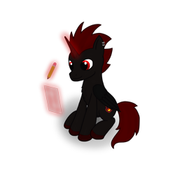 Size: 3000x3000 | Tagged: safe, artist:starfire dream, oc, oc only, alicorn, pony, alicorn oc, high res, horn, male, paper, pencil, red and black oc, red eyes, simple background, solo, transparent background, wings, writing