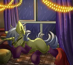 Size: 1456x1311 | Tagged: safe, artist:yuris, oc, oc only, oc:fighttwomagic, pony, unicorn, bed, blanket, clothes, curtains, ears up, female, garland, pillow, rain, smiling, socks, solo, trade, unicorn oc, window