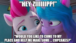 Size: 888x499 | Tagged: safe, edit, edited screencap, screencap, izzy moonbow, zipp storm, pegasus, pony, unicorn, fanfic:cupcakes, g5, hoof done it?, my little pony: make your mark, my little pony: make your mark chapter 2, spoiler:g5, spoiler:my little pony: make your mark chapter 2, spoiler:mymc02e07, caption, context is for the weak, crazy face, derp, duo, duo female, faic, female, here we go again, history repeats itself, image macro, izzy's stare, izzymena moonbow, looking at you, mare, meme, smiling, stare, staring into your soul, text