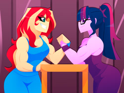 Size: 1032x774 | Tagged: safe, artist:xan-gelx, sci-twi, sunset shimmer, twilight sparkle, human, equestria girls, g4, my little pony equestria girls: friendship games, alternate ending, arm wrestling, biceps, commission, duo, duo female, female, glasses, muscles, muscular female, sci-twi muscle, smiling, sunset lifter, table, twilight muscle, what if