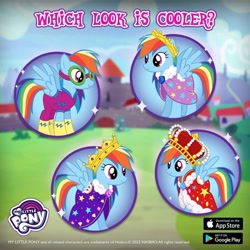Size: 1080x1080 | Tagged: safe, gameloft, rainbow dash, pegasus, pony, g4, my little pony: magic princess, official, apple (company), brooch, cape, clothes, crown, dress, goggles, google, jewelry, multeity, my little pony logo, rainbow dash always dresses in style, regalia