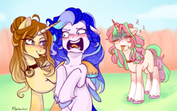 Size: 1800x1128 | Tagged: safe, artist:maeveadair, oc, oc only, oc:rori, alicorn, pegasus, pony, unicorn, blushing, colored wings, ethereal mane, female, flirting, flustered, jewelry, mare, multicolored hair, multicolored mane, multicolored wings, necklace, sleepy, starry mane, tongue out, unshorn fetlocks, wings