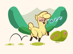 Size: 1663x1247 | Tagged: safe, artist:nottrevbe, paprika (tfh), alpaca, them's fightin' herds, bush, cloven hooves, community related, cute, eyes closed, female, hill, hopping, open mouth, paprikadorable, singing, smol, solo, trotting