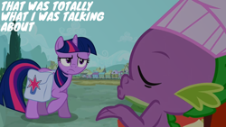 Size: 1280x720 | Tagged: safe, edit, edited screencap, editor:quoterific, screencap, spike, twilight sparkle, pony, unicorn, g4, just for sidekicks, bag, friendship express, locomotive, saddle bag, steam locomotive, train, unicorn twilight