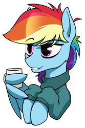 Size: 1865x2806 | Tagged: safe, artist:dacaoo, rainbow dash, pegasus, pony, g4, chocolate, clothes, cup, food, hot chocolate, simple background, solo, sweater, transparent background, wing hands, wing hold, wings