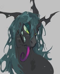 Size: 733x899 | Tagged: safe, artist:dethdaze, queen chrysalis, changeling, changeling queen, g4, bust, female, gray background, gritted teeth, horn, long tongue, narrowed eyes, simple background, solo, teeth, tongue out, torn ear
