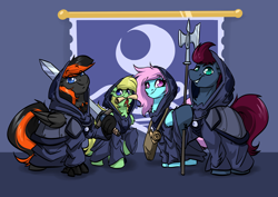 Size: 3688x2608 | Tagged: safe, artist:witchtaunter, oc, oc:atom, oc:crafted sky, oc:lemming, oc:punch sideiron, earth pony, pegasus, pony, clothes, cult, ear fluff, female, halberd, high res, hood, male, robe, scroll, simple background, sword, weapon