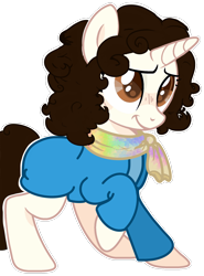 Size: 1280x1732 | Tagged: safe, artist:taeko, derpibooru exclusive, pony, unicorn, 2021, base used, brown eyes, clothes, curly mane, curly tail, father brown (tv), female, jacket, looking offscreen, no source, outline, penelope "bunty" windermere, ponified, raised hoof, scarf, shirt, simple background, smiling, solo, tail, transparent background, white outline