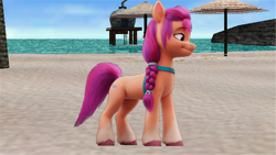Size: 1366x768 | Tagged: safe, edit, edited screencap, screencap, sunny starscout, earth pony, pony, g5, my little pony: a new generation, spoiler:my little pony: a new generation, 3d, beach, day, female, happy, looking right, mare, ocean, profile, sand, sky, solo, standing, water